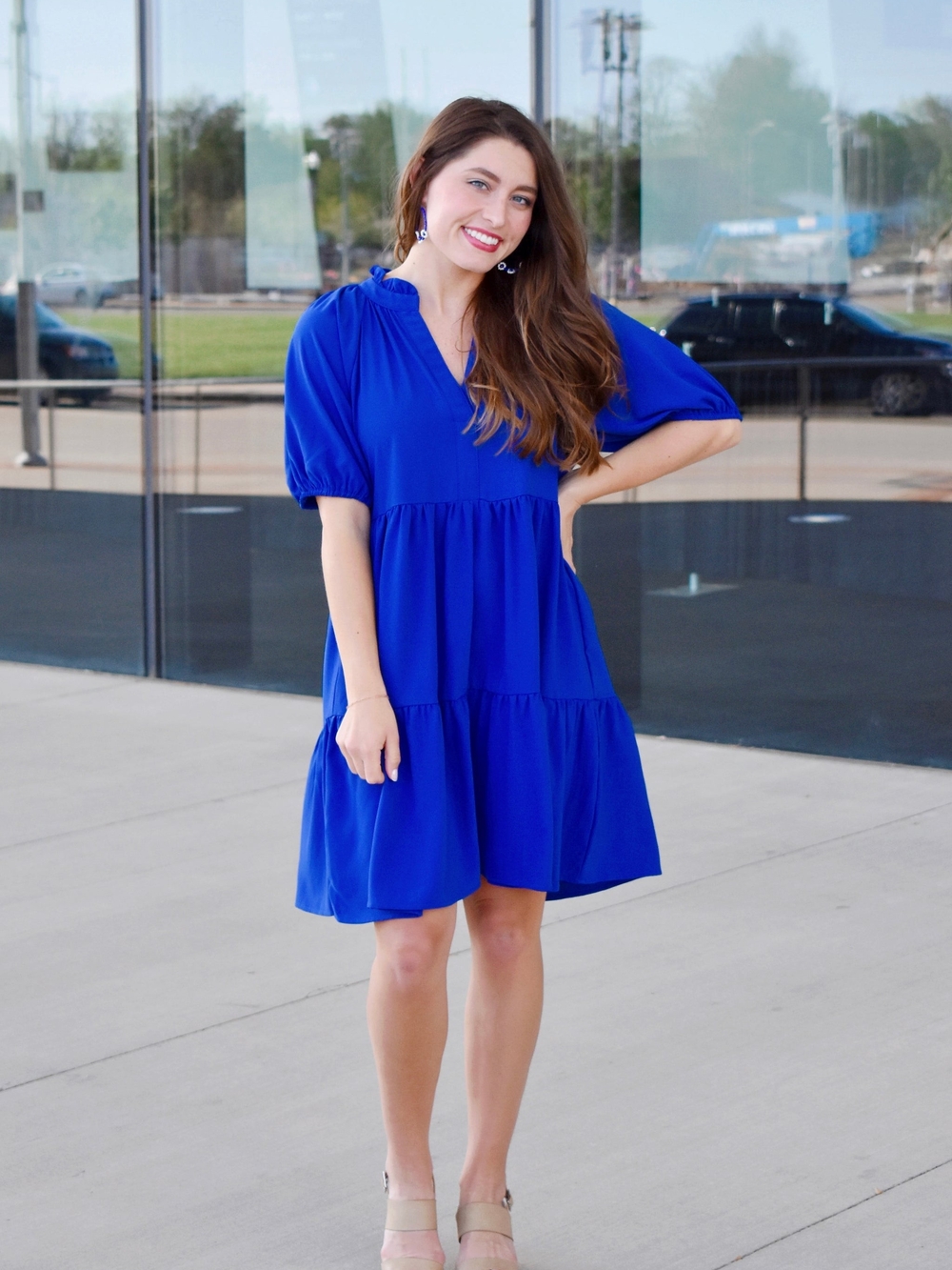 New Women's Jodifl Royal Blue Puff Sleeve Tiered Dress Size Large - Picture 5 of 7